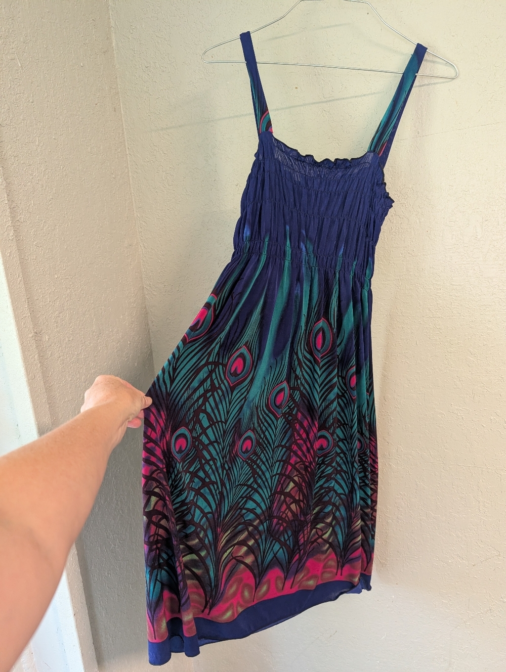 Smocked Midi Dress M Blue Multi Flowy Feather Peacock Boho Festival Whimsy Fairy